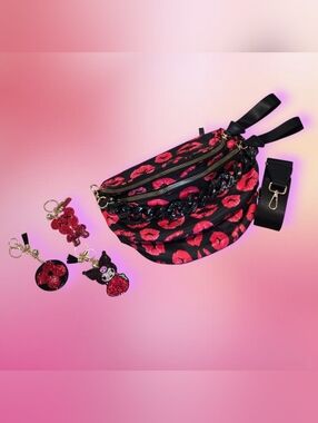 Bum Bag Bundle | Red Lip Nylon Crossbody +Acrylic Chain & 3 Bag Charms